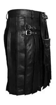 Mens Real Cowhide Leather Black Heavy Duty Beautiful Pleated Kilt & Sporran LARP