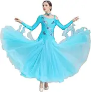 [YHHGDS] Women's Standard Ballroom Dance Dresses, Long Sleeve Big Swing Skirt Competition Dress Stretchy Performance Dancewear for Waltz Tango
