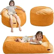 MAXYOYO Bean Bag Chair Bed for Kids, Convertible Bean Bag Folds from Lazy Chair to Floor Mattress Bed, Machine Washable Corded Fabric, Stuffed Floor Sofa Couch for Boys and Girls, Orange
