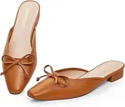 [GENSHUO] Mules for Women Flat Shoes Comfortable Slippers for Women Bowknot Square Toe Closed Cute Backless Loafers Mules 36-42 EU