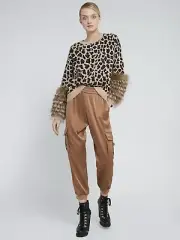 Alice + Olivia Sheila Leopard Silver Fox Fur-cuff Stretch-wool Sweater. NWT $660