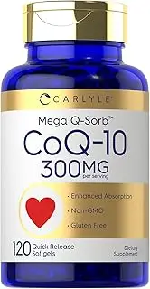 CoQ10 300mg | 120 Softgels | Mega Q-Sorb Coenzyme Q-10 | with Black Pepper Extract | Non-GMO, Gluten Free | by Carlyle