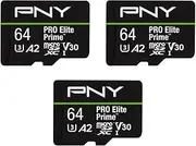 PNY - 64GB Pro Elite Prime Class 10 U3 V30 A2 microSDXC Flash Memory Card, 200MB/s, Class 10, U3, V30, A2, 4K UHD, Full HD, UHS-I, Micro SD 3 Pack