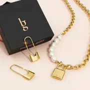 Boxed Dainty Lock Earrings and Pearls Lock-Pendant Necklace Set in Gold Layered