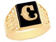 10k or 14k Yellow Gold Bold Black Onyx Mens Basket Weave Initial Letter C Ring