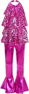 [Aislor] Girls Shiny Metallic Jazz Dance Dance Outfits Sequins Sleeveless Backless Bodysuits with Bell-bottom Pants