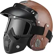 Vintage Open Face Helmet Leather Motorcycle 3/4 Helmet with Face Shield and Goggles Jet Motorcycle Helmet for Adult Men and Women Street Racing Motorcycle DOT/ECE Approved