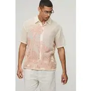 Mens Rust Oversized Open Weave Palm Tree Jacquard Shirt