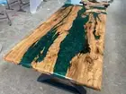 Green Epoxy Resin Dining Table Top, Live Edge Epoxy Resin Wooden Furniture Table