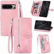 [Refilerss] Google Pixel 8 Pro Wallet Case Zipper Pocket with Card Holder Slot Magnetic Closure Lanyard Flip Cover for Pixel 8 Pro - Pink