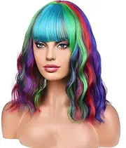BERON 14 Inches Rainbow Wig with Bangs Short Curly Synthetic Wig for Women Cosplay Daily Party Hairnet Included