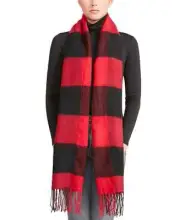 Steve Madden Red/Black Buffalo Check Fringe Trim Rectangular Blanket Scarf