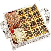Ghasitaram Gifts Diwali Gifts Diwali Chocolates - Silver Tray with Assorted Chocolates, Almonds and Mini Pooja Thali