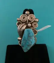 Native American Turquoise Feather & Swirl Ring (6.75) by Kenneth Jones