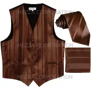 New Men's Tuxedo Vest Waistcoat Stripes Necktie Hankie wedding prom party Brown