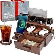 Wood Phone Docking Station with Drawer, Apple Watch and MagSafe Compatible - Wood Charging Station Organizer Stand, Bedside Nightstand Organizer for Men, Holds Phone, Tablet, Keys, Glasses, EDC & More