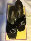 NWB BRIGHTON Tamyra Brn Patent Leather Croc Embossed Slide High Heel Sandal Sz7