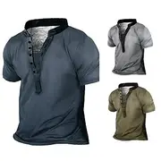 Men's Plus Size Big Tall T shirt Tee Tee Stand Collar Blue Green Gray Short Sleeves Outdoor Going out Button-Down Plain Clothing Apparel Cotton Blend Streetwea