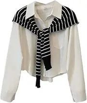 [Generic] Women Outfits Korean Casual Striped Knitted Shawls Patchwork Shirts+Knitting Wide Leg Pants Sets