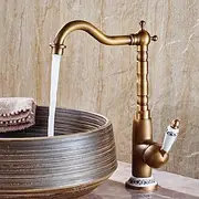 BathroomSink Faucet,Antique Brass Single Handle OneHole Bath Taps,Retro Style Ceramic Handle Rotatable Faucet with Hot and Cold Switch