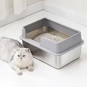 Stainless Steel Large Cat Litter Box, L:50cm*W:35cm*H:25cm, Big Metal Litter Box for Big Cats with High Sides and Scoop, Easy Cleaning, Anti-Leakage, Non-Sticky (Large Gray)