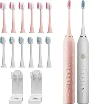MAXWISDOM 2 Pcs Toothbrush Electric with Holders, 12 Sonic Toothbrush Heads Replacement, 6 Modes, IPX7 Waterproof, Smart Timer, 2 Hours Charge for 60 Days (Pink & White)