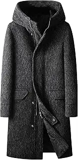 [Gsywaipei] Men's Hooded Wool Blend Overcoat Winter Zipper Casual Male Trench Coat Woolen Slim Fit Long Peacoat