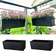 LaLaGreen Deck Railing Planters (2 Pack, 14 Inch) Black Rectangular Window Flower Box with Bracket, Self Watering System Hanging Planter Boxes for Outdoor Plant Pots Container Rail Fence Balcony Herb