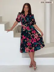 Girl In Mind Black Red Floral Holland Floral Collar Midi Dress (AK5450) | $115