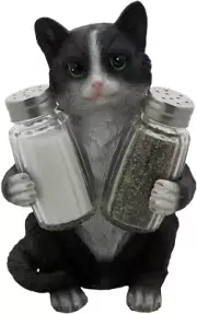 Decorative Black & White Kitty Cat Glass Salt and Pepper Shaker Set with Holder