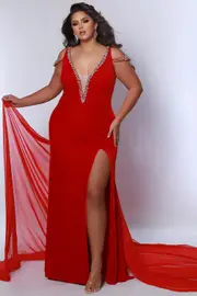 Johnathan Kayne for Sydney's Closet Studded V-neck Velvet Fitted Plus Size Evening Gown in Crimson at Nordstrom, Size 16