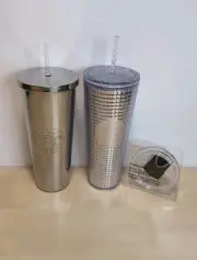 (2) Starbucks Silver & Grid Disco Cold Cup Tumblers 24oz & Cold-to-go Lid LOT 3