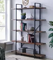 IHOMDEC 5-Tier Bookcase, Vintage Industrial Wood and Metal Bookshelves Display Rack for Home and Office Organizer, Retro Brown