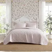 [Laura Ashley] Twin Quilt Set, Breathable Premium Cotton Bedding with Matching Sham(s), Super Soft Floral Bedding Essentials (Marta Stripe Pink, Twin)
