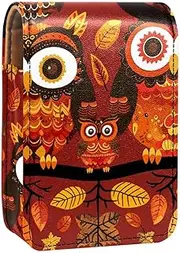 Lipstick Case,Leather Lip Gloss Lipstick Organizer with Mirror,Mini Lipstick Holder Bag,Cartoon Pumpkin Owl