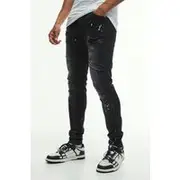 Mens Washed Black Skinny Stretch All Over Rip & Repair Paint Splatter Jeans