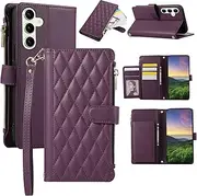 [Boyobacase] for Samsung Galaxy S24 Plus 5G Wallet Case,for Galaxy S25 Plus 5G Case, PU Leather Wallet Flip Cover Stand Feature[6 Card Slots] [1 Zipper Coin Pocket] with Wrist Strap-Dark Purple