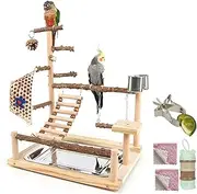Wood Pet Parrot Playground Bird Play Stand Toys Avian Perch Avian Cage Accessory with Feeder Cups for Cockatiel Parakeet