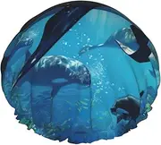 Killer Whales Swim Along Print Various Activities Shower Cap Reusable Soft And Lightweight Bath Hair Cap Long Hair