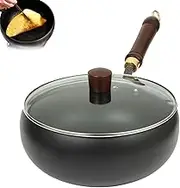 Uncoated Iron Pan, 9.45 inch Hand-Forged Non-Stick Iron Pan, Rust-Free Cooking Wok Induction, Without Coating Durable, Round Bottom with Wooden Lid Lid (28cm-Glass lid Pot)