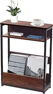 [CATZONS] Vintage Side Table with Storage Shelf, 3 Tier Thin Sofa End Table for Narrow Spaces,Skinny Bedside Table with Magazine Rack (Dark Cherry)