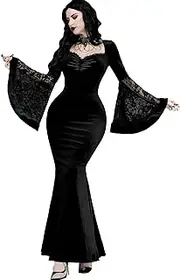 [InGoticos] Women Gothic Sexy Flare Sleeve Lace Patchwork Fishtail Velvet Witch Dress Without Choker