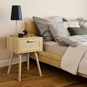 [Furb] Bedside Table with Storage Drawer Rattan Side End Table Small Narrow Nightstand for Living Room Bedroom Furniture, 40x34x58cm