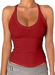 [Generic] Workout Top Womens Back Tank Top For Women Padded Ribbed Long Tank Basic Tops Padded Top