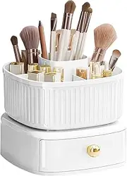 DASITON Stackable Makeup Organizer,Makeup Brush Holder With 360°Rotating,Makeup Brush Holder with Drawers,Makeup Organizer Tray,Cosmetic Holder Shelf(White)
