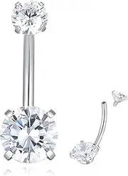 [Popuhoops] G23 Titanium Belly Button Ring Prong Set CZ Round Internally Threaded Belly Button Bars Navel Piercing Ring 14mm 12mm 10mm 8mm 14G Belly Piercings Barbell Jewelry for Women