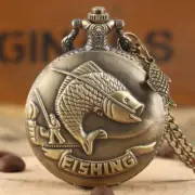 Vintage Style Engraved Fish Pattern Unisex Quartz Pocket Watch Necklace Chain