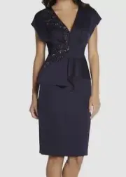$450 Aidan Mattox Women's Blue V-Neck Embroidered Cocktail Dress Size 0