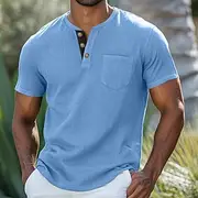 Men's Henley Shirt Tee Top Short Sleeve Plain Fashion Designer Basic Buttons Pocket Henley Vacation Street Going out Summer Black Gray Blue Henley T-Shirt