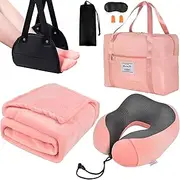 [Nerien] Travel Pillow and Blanket Set & Foot Rest, Memory Foam Neck Pillow Airplane Blanket & Airplane Foot Hammock & Foldable Duffel Bag, 3D Sleep Mask & Earplugs, Portable Travel Accessories Essentials Pink